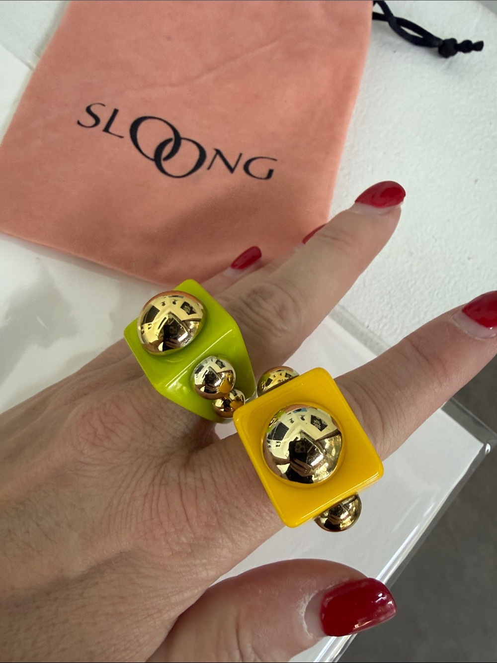 2. šāļøYellow & Lime Statement Rings with Gold Accents